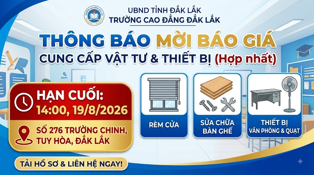 THÔNG BÁO: Mời báo giá cung cấp vật tư phục vụ hoạt động và sửa chữa thiết bị (Tháng 8/2026)